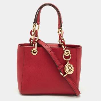 Pre Owned MICHAEL Michael Kors Red Leather Mini Cynthia Tote