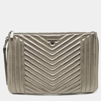 Pre Owned Michael Kors Grey Quilted Leather Extra Large Jet Set Pouch