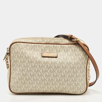Pre Owned Michael Kors Tan/Off White Signature Coated Canvas and Leather Jet Set Camera Crossbody Bag