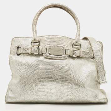 Pre Owned Michael Kors Silver Lizard Embossed Leather East West Hamilton Tote