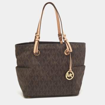 Pre Owned MICHAEL Michael Kors Dark Brown Signature Coated Canvas and Leather Jet Set Tote