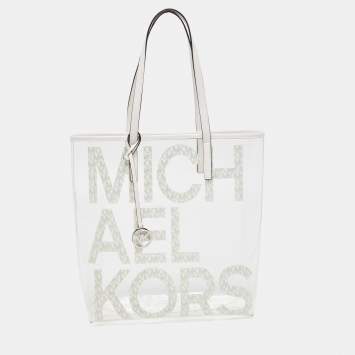 Pre Owned Michael Kors White PVC and Leather Logo Tote