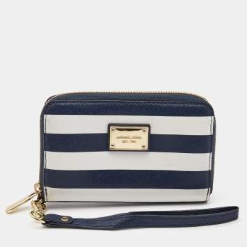 Pre Owned Michael Kors Blue/White Leather Striped Zip Around Wallet