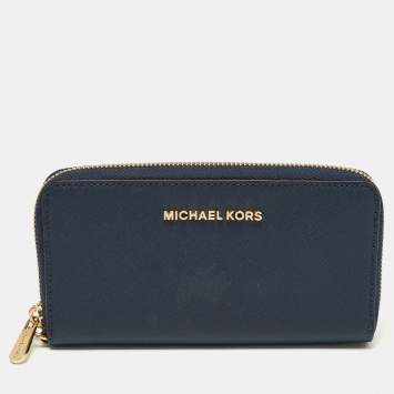 Pre Owned Michael Kors Blue Leather Zip Around Wristlet Wallet