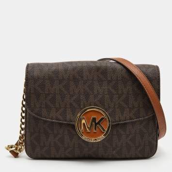 Pre Owned Michael Kors Dark Brown Signature Coated Canvas Fulton Flap Crossbody Bag