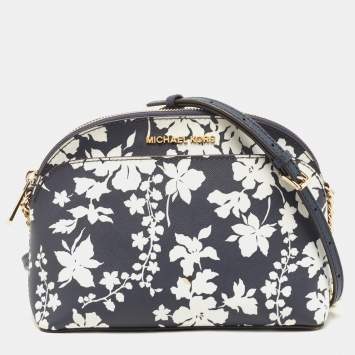 Pre Owned Michael Kors Navy Blue/White Leather Floral Dome Crossbody Bag