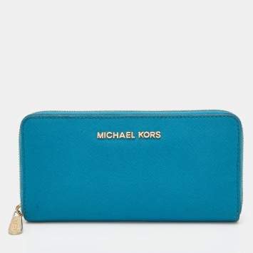 Pre Owned Michael Kors Blue Leather Jet Set Zip Around Wallet