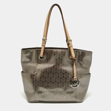 Pre Owned MICHAEL Michael Kors Metallic Signature Patent and Leather Jet Set Tote