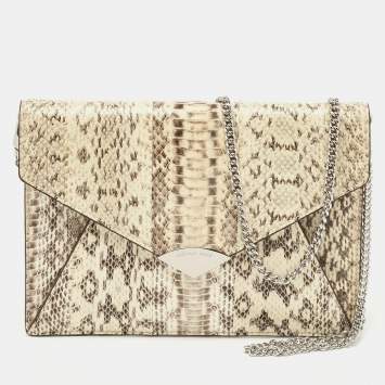 Pre Owned Michael Kors Beige Snakeskin Leather Barbara Chain Clutch