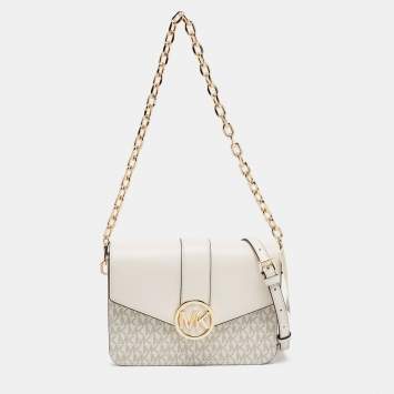 Pre Owned Michael Kors Cream Signature Coated Canvas and Leather Carmen Shoulder Bag