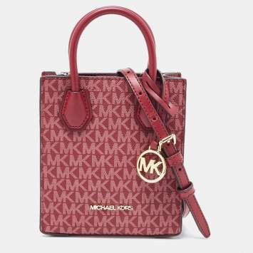 Pre Owned Michael Kors Burgundy Signature Coated Canvas and Leather XS Mercer Tote