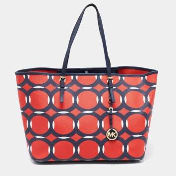 Pre Owned Michael Kors Red/Blue Deco Leather Kempton Tote