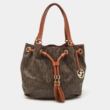 Pre Owned MICHAEL Michael Kors Brown/Tan Signature Coated Canvas and Leather Jet Set Drawstring Bag