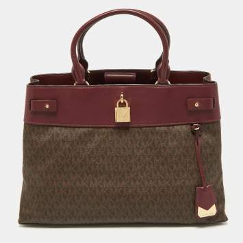 Pre Owned Michael Kors Beige/Burgundy Signature Coated Canvas and Leather Gramercy Tote