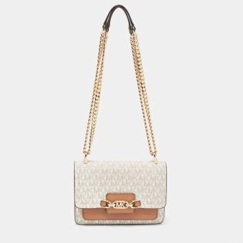 Pre Owned Michael Kors Ivory/Tan Signature Coated Canvas and Leather Heather Shoulder Bag