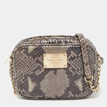 Pre Owned Michael Kors Grey Python Embossed Laminated Suede  Logo Camera Crossbody Bag