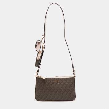 مملوكة مسبقًا Michael Kors Pink/Brown Signature Coated Canvas Small Jet Set Travel Crossbody Bag