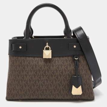 Pre Owned Michael Kors Brown/Black Signature Coated Canvas and Leather Gramercy Tote