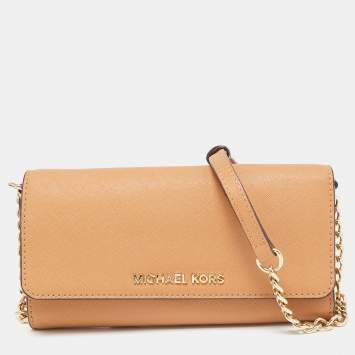 Pre Owned Michael Kors Beige Leather Jet Set Travel Wallet On Chain