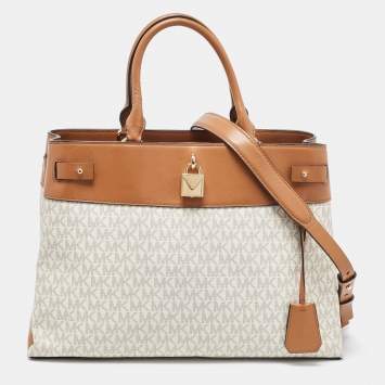 Pre Owned Michael Kors Beige/Tan Signature Coated Canvas and Leather Gramercy Tote