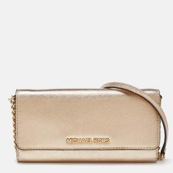 Pre Owned Michael Kors Gold Leather Jet Set Travel Wallet On Chain