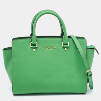 Pre Owned Michael Kors Green Saffiano Lux Leather Large Selma Tote
