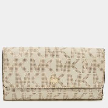 Pre Owned Michael Kors Off White Signature Coated Canvas Flap Continental Wallet