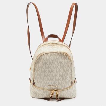 Pre Owned Michael Kors White/Tan Signature Coated Canvas and Leather Rhea Backpack