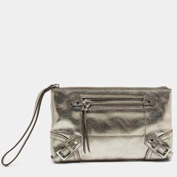Pre Owned Michael Kors Metallic Grey Leather Fallon Wristlet Clutch