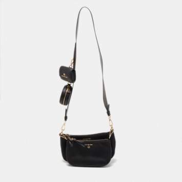 Pre Owned Michael Kors Black/Brown Coated Canvas and Nylon Gabardine Crossbody Bag