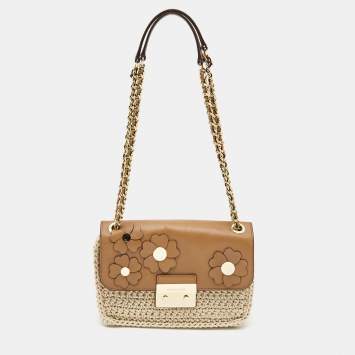 Pre Owned Michael Kors Brown/Beige Leather and Crochet Floral Applique Sloan Shoulder Bag