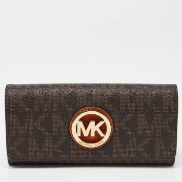Pre Owned Michael Kors Beige/Brown Signature Coated Canvas Fulton Flap Continental Wallet