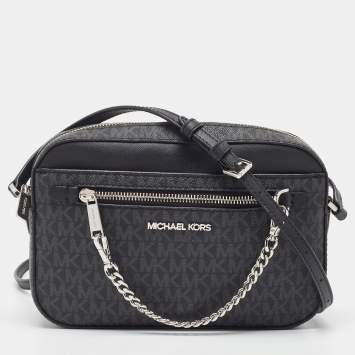 Pre Owned Michael Kors Black/Grey Signature Coated Canvas and Leather Jet Set Camera Crossbody Bag