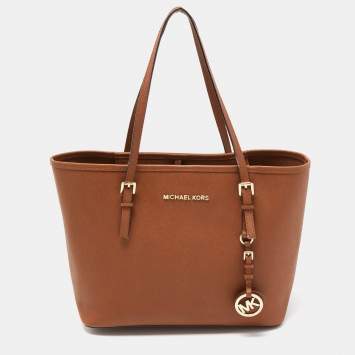 Pre Owned MICHAEL Michael Kors Brown Saffiano Leather Small Jet Set Travel Tote