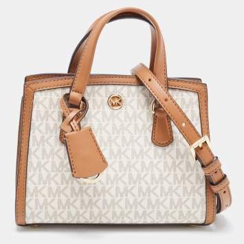 Pre Owned Michael Kors Brown/White Signature Coated Canvas and Leather Extra Small Chantal Tote  