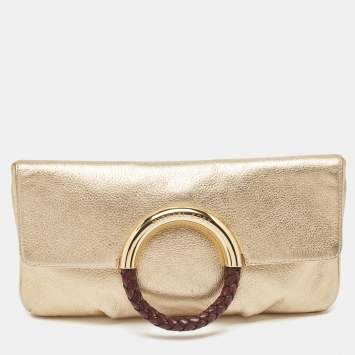 Pre Owned Michael Kors Gold Leather Skorpios Foldover Clutch