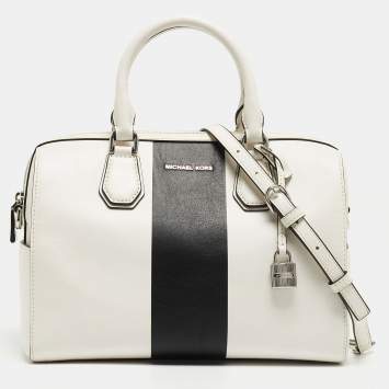 Pre Owned Michael Kors White/Black Leather Medium Center Stripe Mercer Duffle Bag