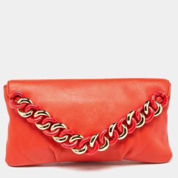 Pre Owned Michael Kors Orange Leather Chain Link Envelope Clutch