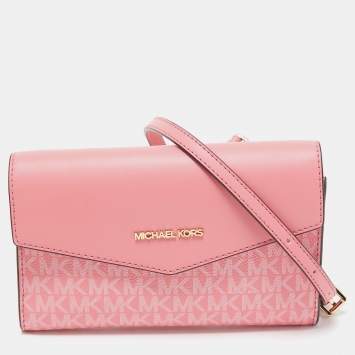 Pre Owned Michael Kors Pink Signature Coated Canvas and Leather Envelope Flap Clutch Bag