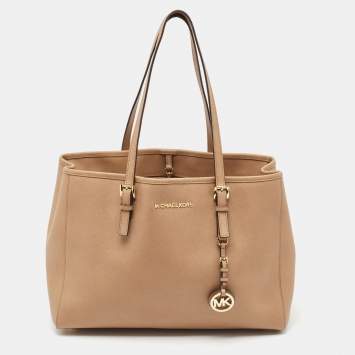 Pre Owned Michael Kors Beige Saffiano Leather Large East West Jet Set Tote