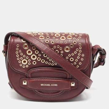 Pre Owned MICHAEL KORS Burgundy Leather Eyelet Embellished Flap Crossbody Bag