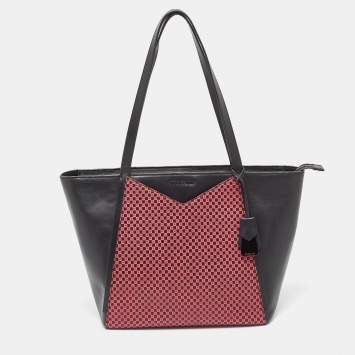 Pre Owned Michael Kors Black Pink Checkboard Logo Leather Large Whitney Tote
