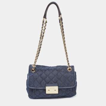 Pre Owned  Michael Kors Blue Quilted Denim and Leather Sloan Shoulder Bag
