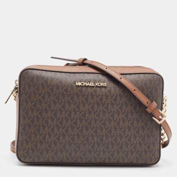 Pre Owned Michael Kors Brown Signature Coated Canvas Large East West Jet Set Crossbody Bag