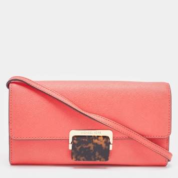 Pre Owned Michael Kors Coral Saffiano Leather Cynthia Clutch