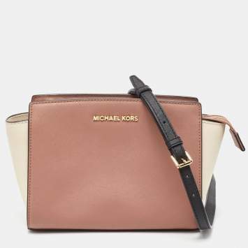 Pre Owned Michael Kors Old Rose And Off-White Saffiano Leather Small Selma Crossbody Bag