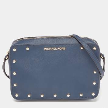 Pre Owned Michael Kors Blue Leather Sandrine Stud Crossbody Bag
