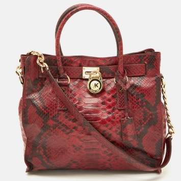 Pre Owned Michael Kors Red/Black Python Embossed Leather Large Hamilton North South Tote