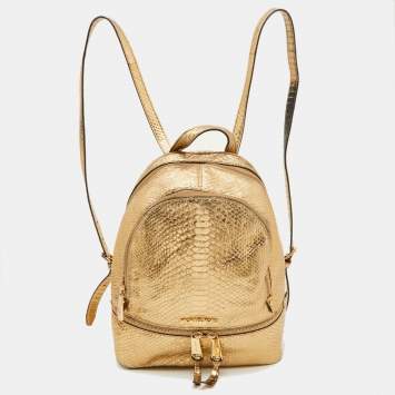 Pre Owned Michael Kors Metallic Gold Python Embossed Leather Small Rhea Backpack