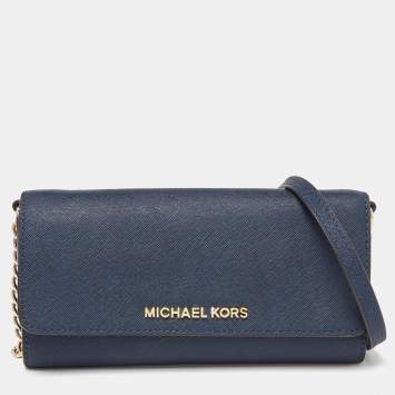 Pre Owned Michael Kors Blue Leather Jet Set Travel Wallet On Chain